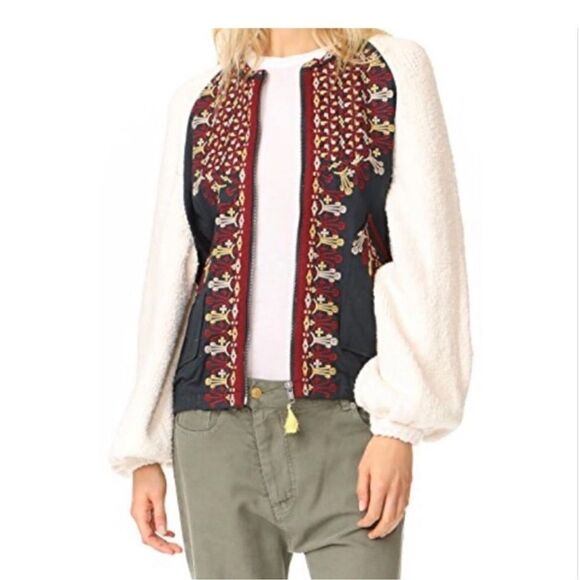 Free People Two Faced Embroidered Jacket Blue Cream Size Small - Picture 6 of 16